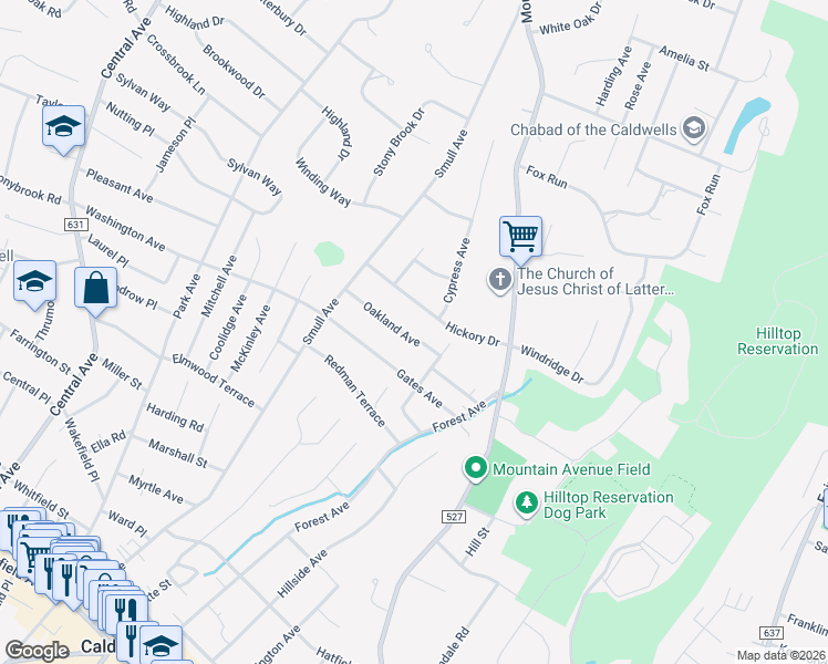 map of restaurants, bars, coffee shops, grocery stores, and more near 35 Oakland Avenue in West Caldwell