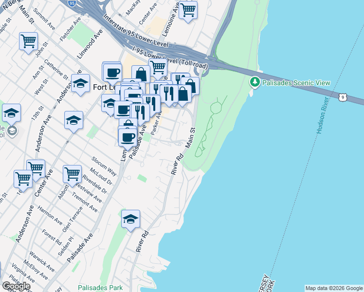 map of restaurants, bars, coffee shops, grocery stores, and more near 100 Old Palisade Road in Fort Lee
