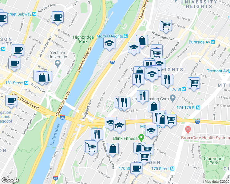 map of restaurants, bars, coffee shops, grocery stores, and more near 1500 Popham Avenue in Bronx