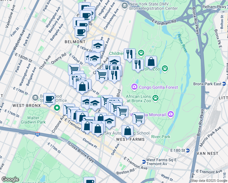 map of restaurants, bars, coffee shops, grocery stores, and more near 2158 Mapes Avenue in The Bronx