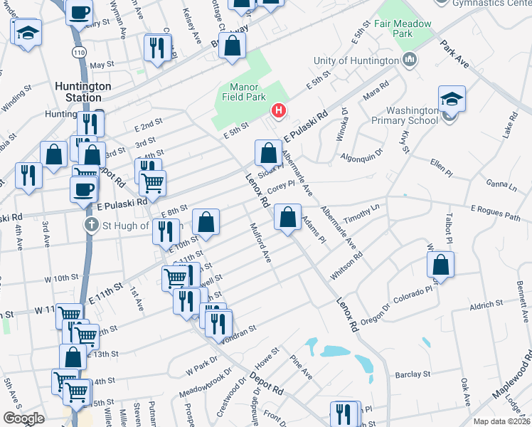 map of restaurants, bars, coffee shops, grocery stores, and more near 199 East 11th Street in Huntington Station