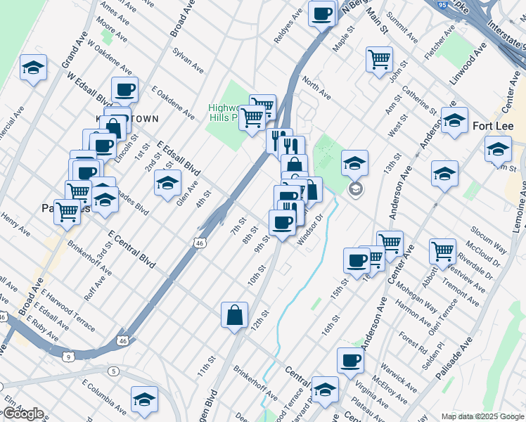 map of restaurants, bars, coffee shops, grocery stores, and more near 516 8th Street in Palisades Park