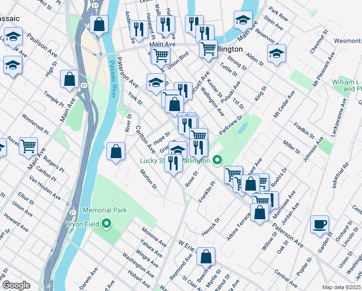 map of restaurants, bars, coffee shops, grocery stores, and more near 798 Paterson Avenue in East Rutherford