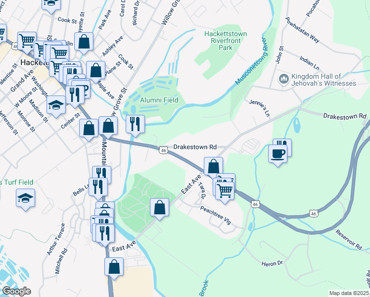 map of restaurants, bars, coffee shops, grocery stores, and more near 15 Drakestown Road in Hackettstown
