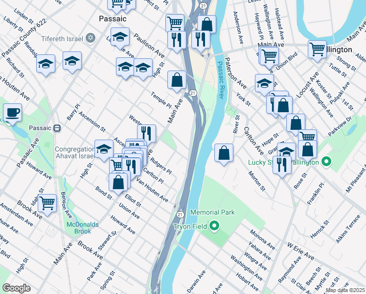 map of restaurants, bars, coffee shops, grocery stores, and more near 31 Aycrigg Avenue in Passaic