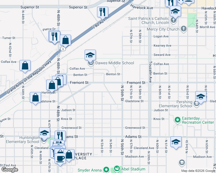 map of restaurants, bars, coffee shops, grocery stores, and more near 3530 Richmond Road in Lincoln