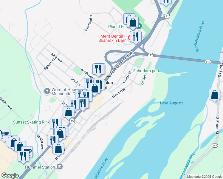 map of restaurants, bars, coffee shops, grocery stores, and more near 2-26 Center Street in Selinsgrove