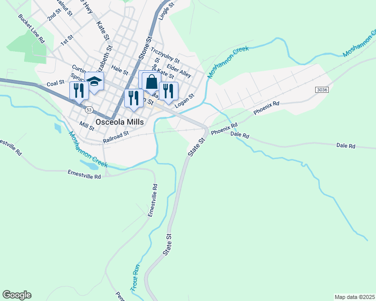 map of restaurants, bars, coffee shops, grocery stores, and more near 2229 State Street in Osceola Mills