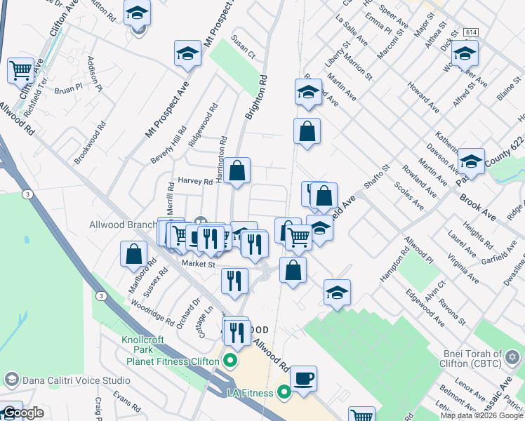 map of restaurants, bars, coffee shops, grocery stores, and more near 5 McClelland Way in Clifton