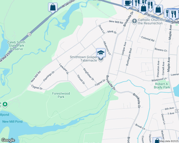 map of restaurants, bars, coffee shops, grocery stores, and more near 9 Kingfisher Drive in Smithtown