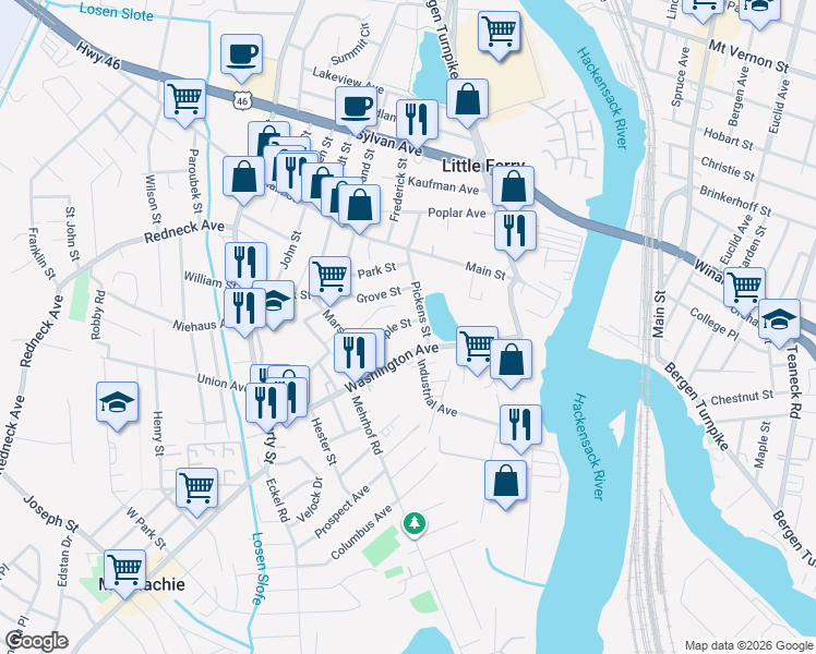 map of restaurants, bars, coffee shops, grocery stores, and more near 15 Maple Street in Little Ferry