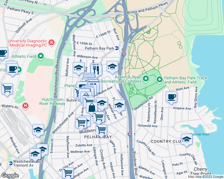 map of restaurants, bars, coffee shops, grocery stores, and more near 1750 Parkview Avenue in Bronx