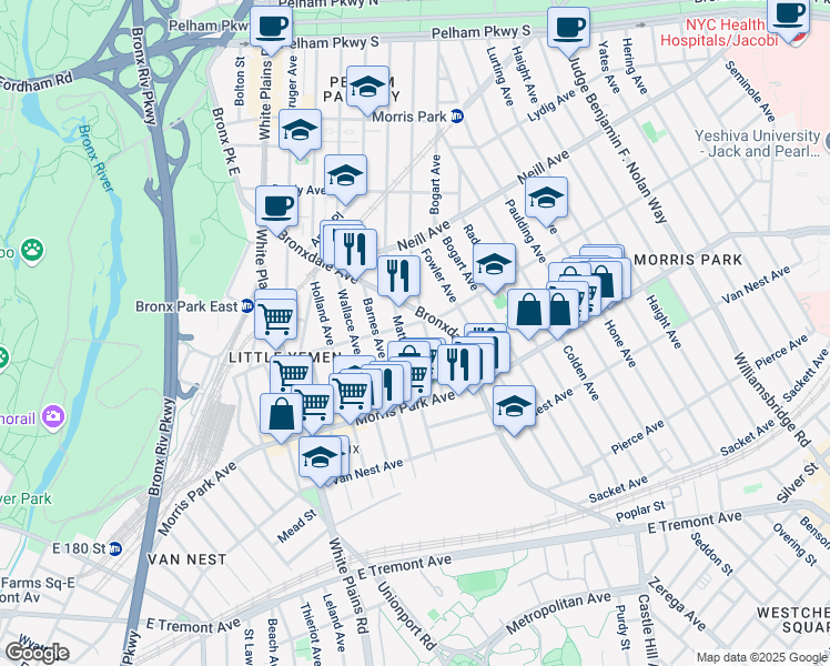 map of restaurants, bars, coffee shops, grocery stores, and more near 1859 Muliner Avenue in Bronx