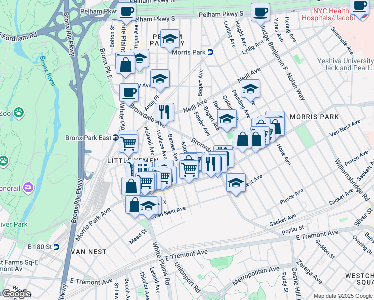 map of restaurants, bars, coffee shops, grocery stores, and more near 1868 Barnes Avenue in Bronx