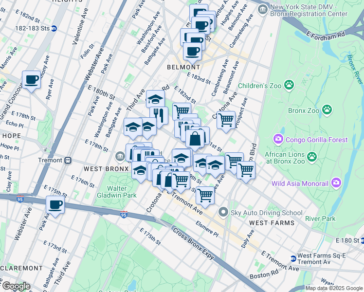 map of restaurants, bars, coffee shops, grocery stores, and more near 2072 Belmont Avenue in Bronx