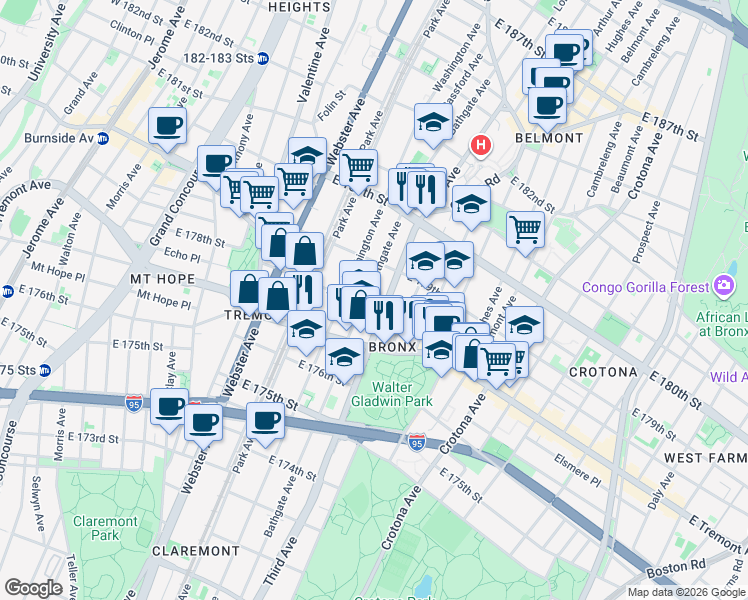 map of restaurants, bars, coffee shops, grocery stores, and more near Third Avenue in The Bronx