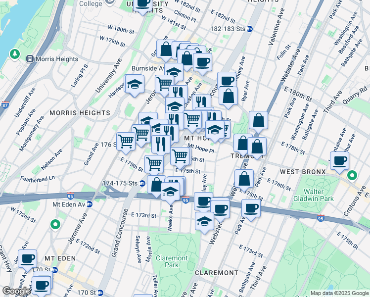 map of restaurants, bars, coffee shops, grocery stores, and more near in Bronx