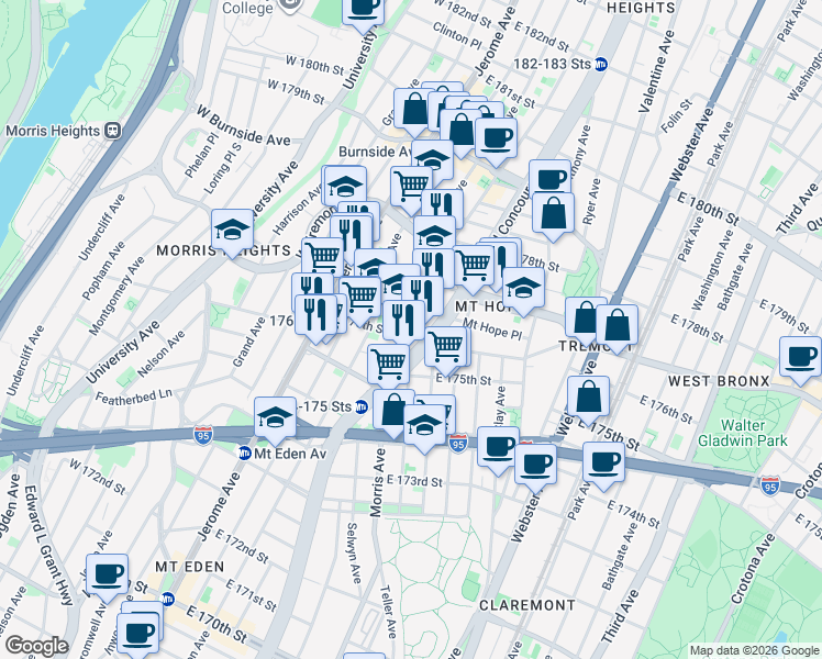 map of restaurants, bars, coffee shops, grocery stores, and more near 149 East 176th Street in Bronx
