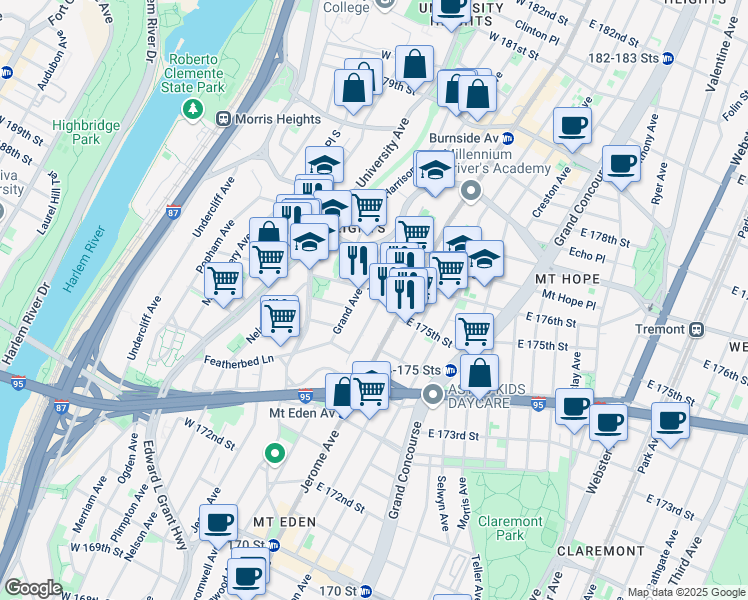 map of restaurants, bars, coffee shops, grocery stores, and more near 1692 Grand Avenue in Bronx