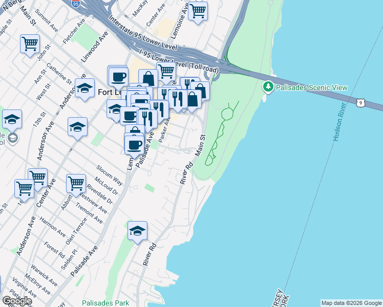 map of restaurants, bars, coffee shops, grocery stores, and more near 100 Old Palisade Road in Fort Lee