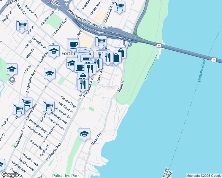 map of restaurants, bars, coffee shops, grocery stores, and more near 100 Old Palisade Road in Fort Lee