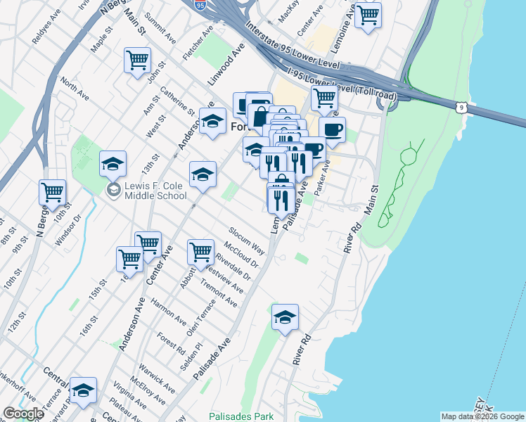 map of restaurants, bars, coffee shops, grocery stores, and more near 1565 Lemoine Avenue in Fort Lee