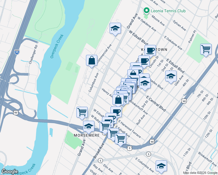 map of restaurants, bars, coffee shops, grocery stores, and more near 60 Brinkerhoff Terrace in Palisades Park