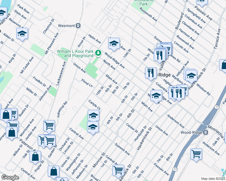 map of restaurants, bars, coffee shops, grocery stores, and more near 326 Union Avenue in Wood-Ridge
