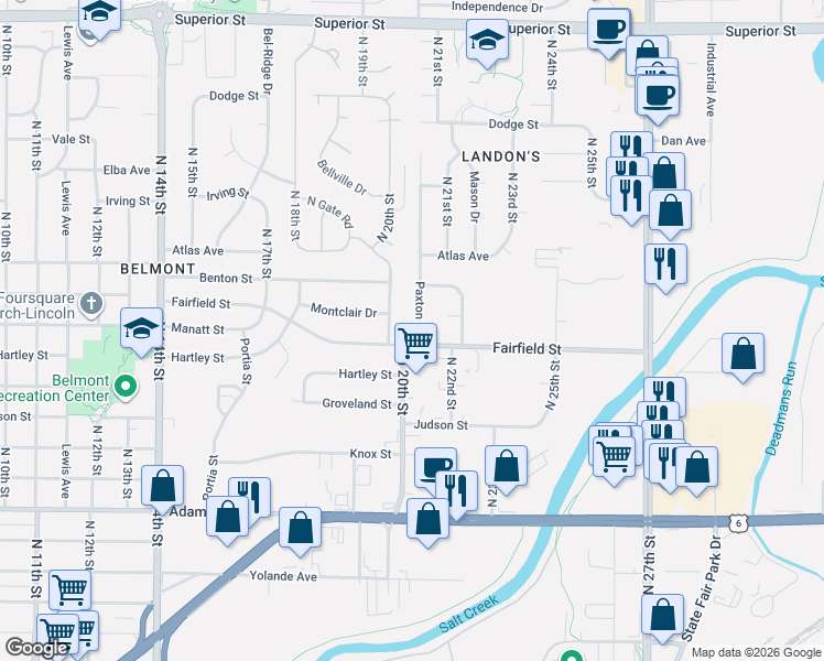 map of restaurants, bars, coffee shops, grocery stores, and more near 3701 Paxton Drive in Lincoln