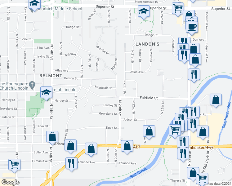 map of restaurants, bars, coffee shops, grocery stores, and more near 3701 Paxton Drive in Lincoln