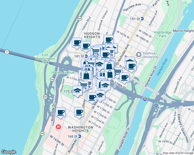 map of restaurants, bars, coffee shops, grocery stores, and more near Trans-Manhattan Expressway in New York