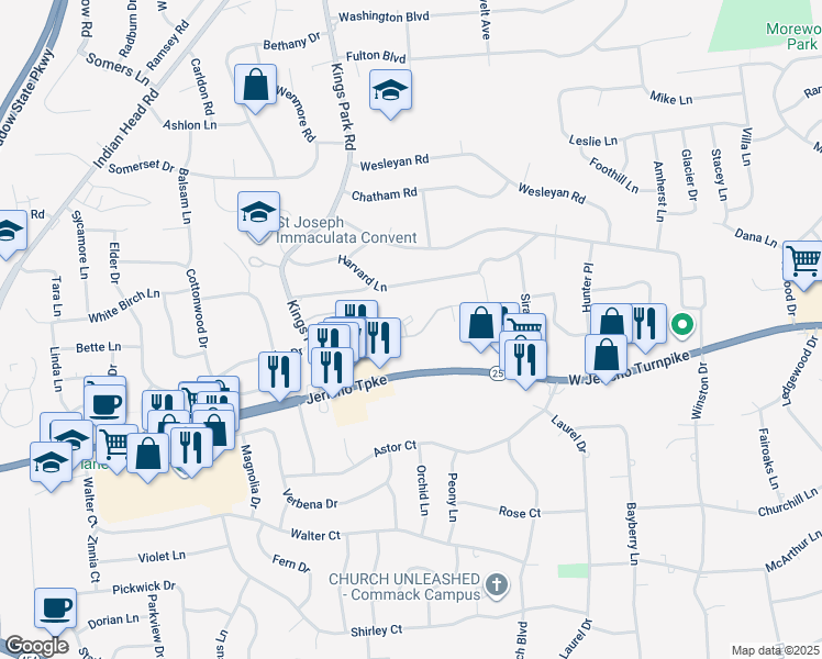 map of restaurants, bars, coffee shops, grocery stores, and more near 42 Sandy Hill Road in Commack
