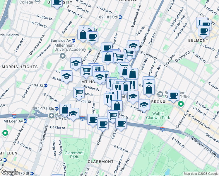 map of restaurants, bars, coffee shops, grocery stores, and more near 324 East Tremont Avenue in The Bronx