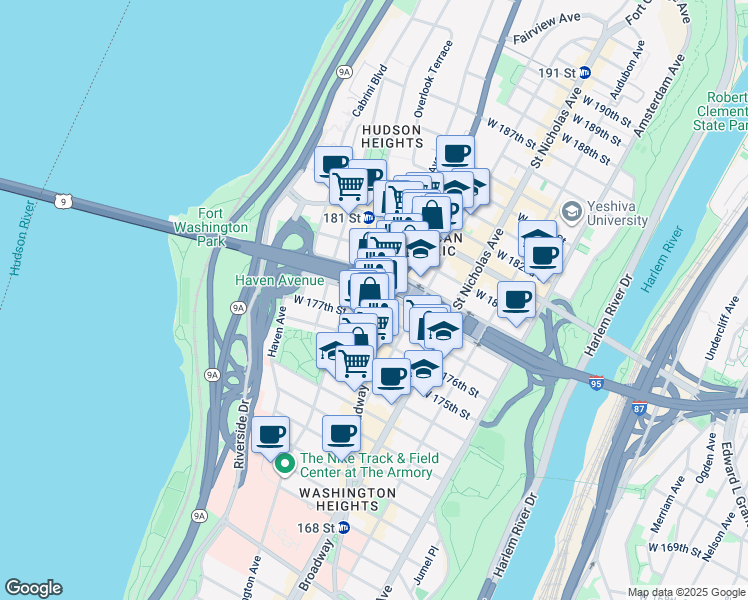 map of restaurants, bars, coffee shops, grocery stores, and more near 4205 Broadway in New York