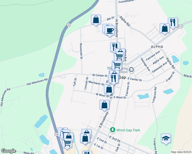map of restaurants, bars, coffee shops, grocery stores, and more near 225 West Center Street in Wind Gap