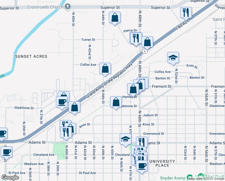 map of restaurants, bars, coffee shops, grocery stores, and more near 3500 North 44th Street in Lincoln