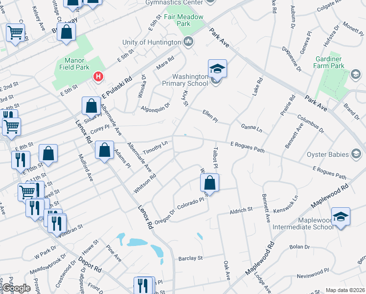 map of restaurants, bars, coffee shops, grocery stores, and more near 50 Fairfields Lane in Huntington Station