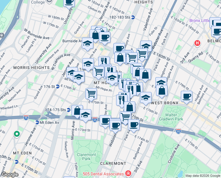 map of restaurants, bars, coffee shops, grocery stores, and more near in The Bronx
