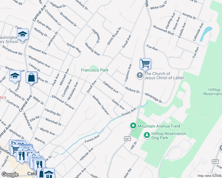 map of restaurants, bars, coffee shops, grocery stores, and more near 35 Oakland Avenue in West Caldwell