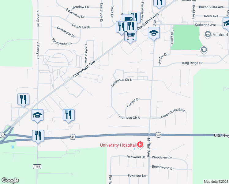 map of restaurants, bars, coffee shops, grocery stores, and more near 1160 Rook Drive in Ashland
