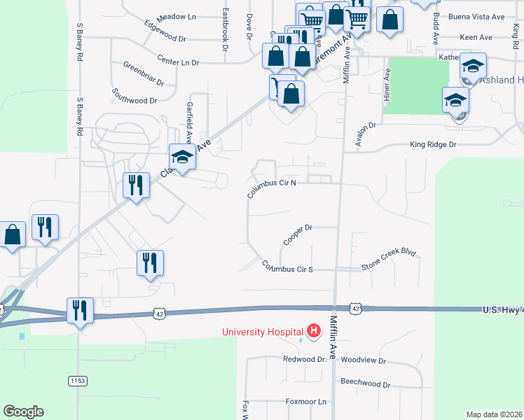 map of restaurants, bars, coffee shops, grocery stores, and more near 1160 Rook Drive in Ashland