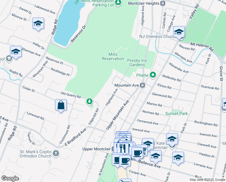 map of restaurants, bars, coffee shops, grocery stores, and more near 392 Highland Avenue in Montclair