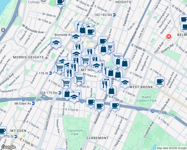 map of restaurants, bars, coffee shops, grocery stores, and more near 247 Mount Hope Place in The Bronx