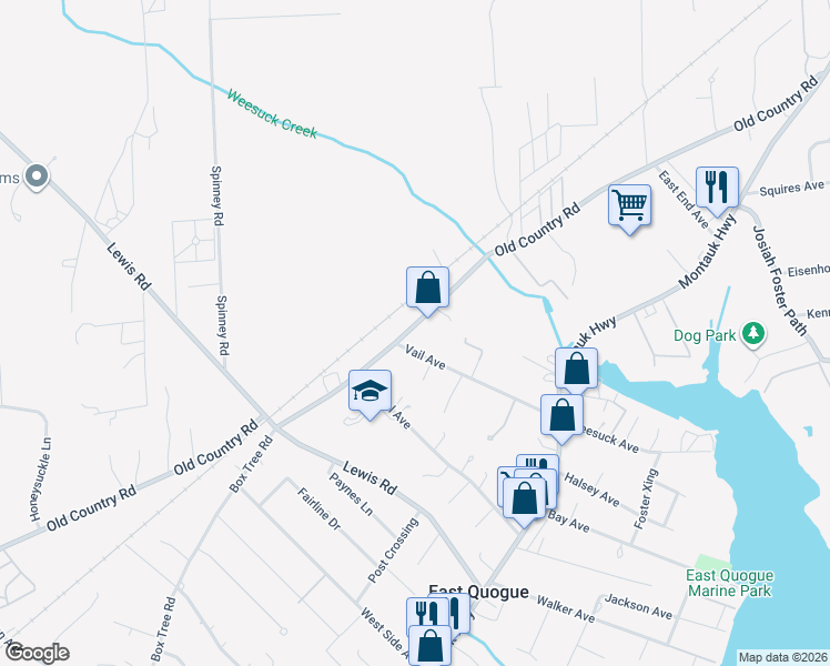 map of restaurants, bars, coffee shops, grocery stores, and more near 83 Old Country Road in East Quogue