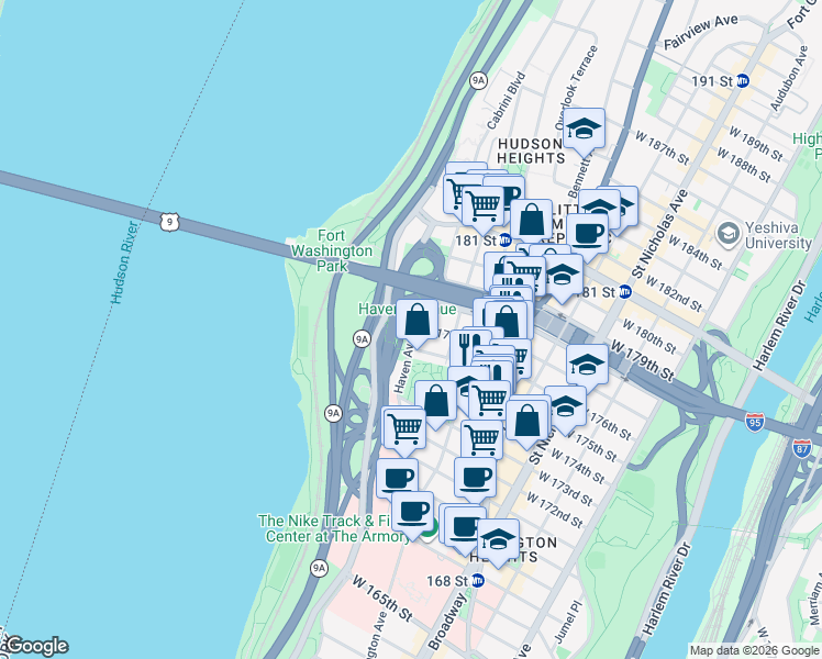 map of restaurants, bars, coffee shops, grocery stores, and more near 220 Haven Avenue in New York