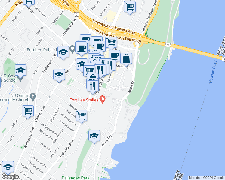 map of restaurants, bars, coffee shops, grocery stores, and more near 1600 Parker Avenue in Fort Lee