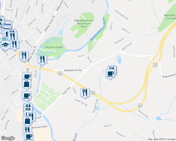 map of restaurants, bars, coffee shops, grocery stores, and more near 31 Drakestown Road in Hackettstown