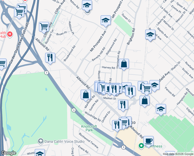 map of restaurants, bars, coffee shops, grocery stores, and more near 68 Merrill Road in Clifton
