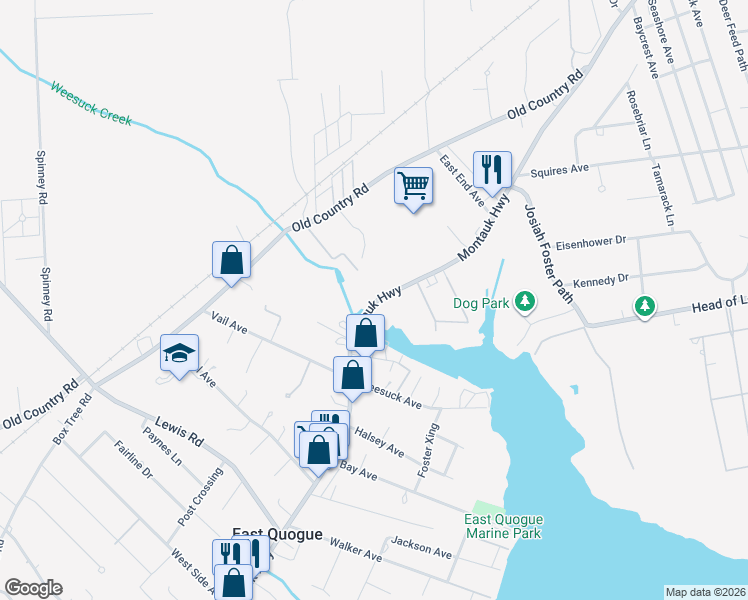 map of restaurants, bars, coffee shops, grocery stores, and more near 452 County Road 80 in East Quogue