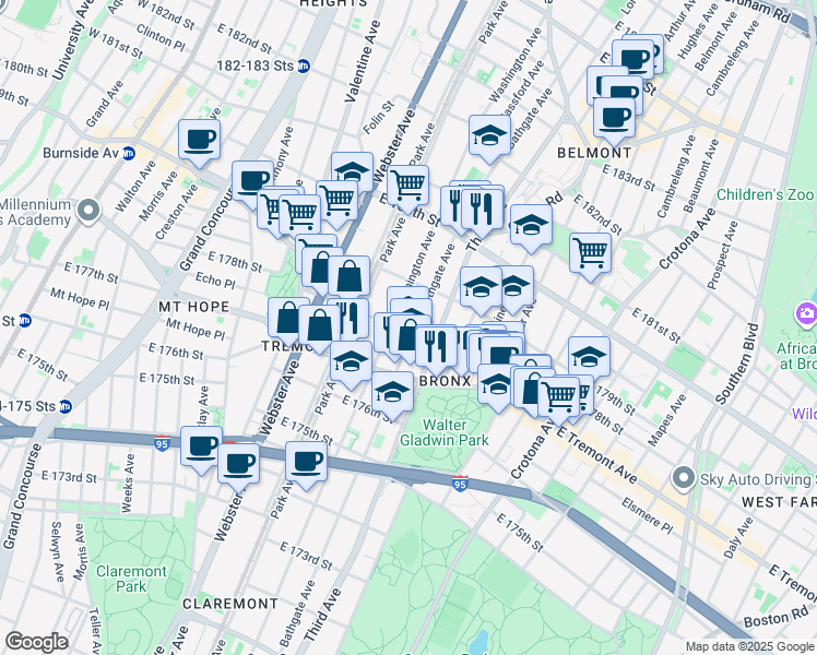 map of restaurants, bars, coffee shops, grocery stores, and more near 495 East 178th Street in The Bronx